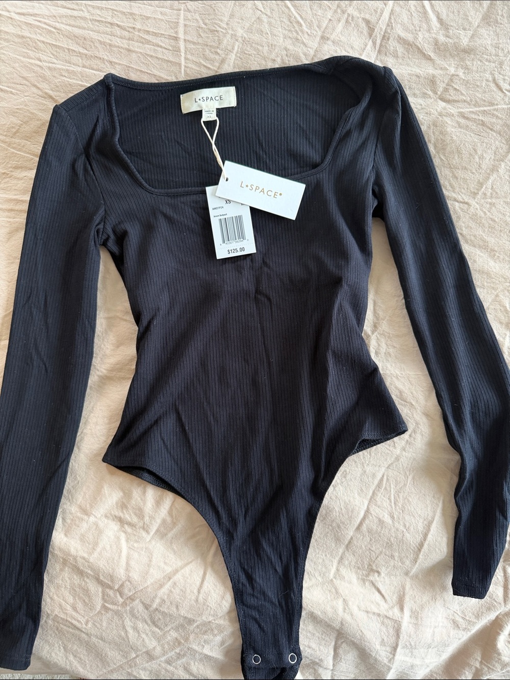 l*space Black Ribbed Long-Sleeve Scoop Bodysuit